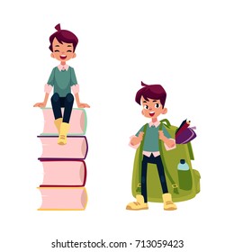 vector cartoon teenage man, schoolboy set. Boy laughing, sitting at big pile of school books, another one wear huge schoolbag full of school supplies . Flat isolated illustration on a white background