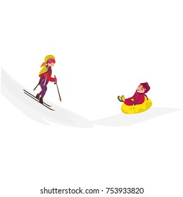vector cartoon teens doing sports. Girl with pigtails having fun riding inflatable rubber tube sled, tubing in winter outdoor clothing, another woman skiing. Isolated illustration on white background
