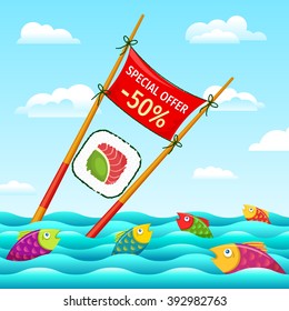 Vector cartoon template sushi roll banner in food sticks on sky and fish in sea background