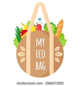 Vector cartoon textile bag with eco quot with healthy organic food. Caring for the environment concept. Eco food shopping.