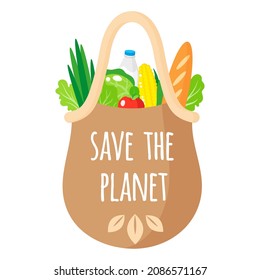 Vector cartoon textile grocery bag with eco quot with healthy organic food. Caring for the environment concept. Eco food shopping.