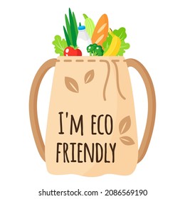 Vector Cartoon Textile Reusable Grocery Bag With Eco Quot With Healthy Organic Food. Caring For The Environment Concept. Eco Food Shopping.