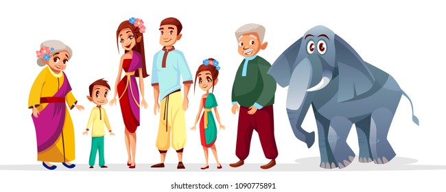 Vector cartoon thai family asian characters set. Happy Thailand siam senior woman, man near elephant, parents, adult couple, teen boy girl in national costume with flowers in hair