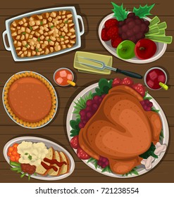 Vector Cartoon Thanksgiving Dish Menu Top Wooden Table View With Roasted Turkey Fresh Cranberry Juice Fruit Pumpkin Pie Chicken Steak And Roasted Bread Illustration