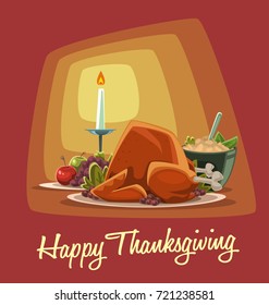 vector cartoon thanksgiving dishes composition isolated for banner element with roasted turkey mashed potato bowl grape apple fruit and candle light illustration