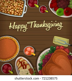 Vector Cartoon Thanksgiving Dishes Top Down Table View With Roasted Turkey Pumpkin Pie Cranberry Fruit Punch Drink Bread Chicken Mashed Potato