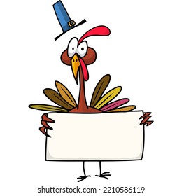 Vector Cartoon Thanksgiving turkey with blank scroll with blank space for text. Vector illustration. Isolated on the white background. Design element for postcard, poster or decoration