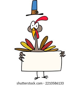 Vector Cartoon Thanksgiving turkey with blank scroll with blank space for text. Vector illustration. Isolated on the white background. Design element for postcard, poster or decoration