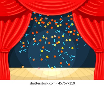 Vector Cartoon theater to open the scenes, the rays of spotlights and falling confetti. Color 
illustration of theatrical art. Stock vector illustration