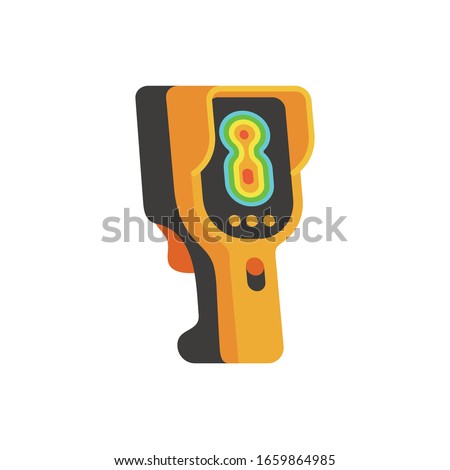 vector cartoon thermal imaging supervision, portable infrared laser thermometer, thermographic / safety equipment concept / flat, isolated, sign and icon template on white background