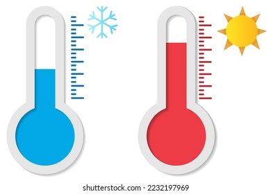 Vector cartoon thermometer showing the temperature outside and in the house. The concept of weather and weather forecast.