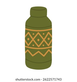 Vector cartoon thermos in green with autumn ornaments in warm cozy tones.