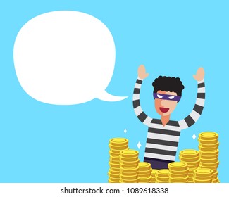 Vector cartoon a thief with big coins stack and white speech bubble for design.