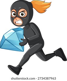 Vector cartoon thief in black suit running with oversized blue diamond, dynamic action pose