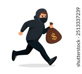 Vector Cartoon Thief Running with Stolen Money Bag. Flat Style Criminal Holding Money Bag with Dollar Sign. Bank Robbery Scene with Thief in Hoodie and Mask