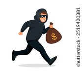 Vector Cartoon Thief Running with Stolen Money Bag. Flat Style Criminal Holding Money Bag with Dollar Sign. Bank Robbery Scene with Thief in Hoodie and Eye Mask