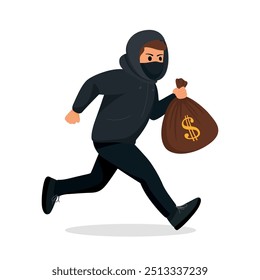 Vector Cartoon Thief Running with Stolen Money Bag. Flat Style Criminal Holding Money Bag with Dollar Sign. Bank Robbery Scene with Thief in Hoodie and Mask