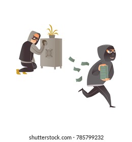 vector cartoon thief scenes set. Man burglar in hood opening safe box, robber in mask running holding pile of stolen money banknotes. Isolated illustration on a white background.