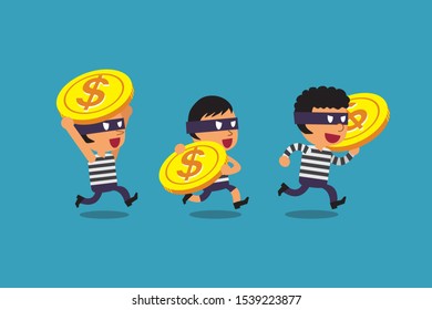 Vector cartoon thieves with big coins for design.