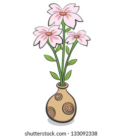 vector cartoon of three pink flower in earthenware jar