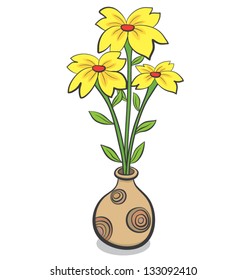 vector cartoon of three pink flower in earthenware jar