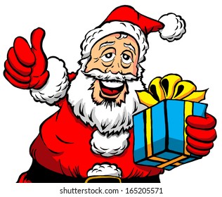 Vector Cartoon of a Thumbs Up Santa With a Gift