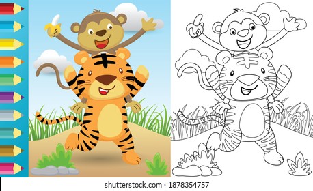 Vector cartoon tiger carrying monkey it shoulders  coloring book page