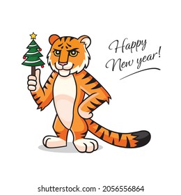 Vektorgrafik Tiger. Zeichen, Maskottchen, Symbol, Zeichen des chinesischen Neujahrs. Tiger hält in Handschistmen. Alles Gute zum Neujahr. Montag neues Jahr, Jahr der Tigerpostkarte, Illustration