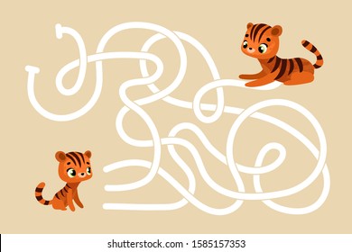 Vector cartoon tiger mom and baby. Vector illustrations for children books. Labyrinth. Educational game for children. 