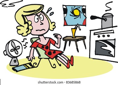 Vector cartoon of tired housewife in heatwave.