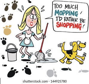 Vector cartoon of tired housewife mopping kitchen floor