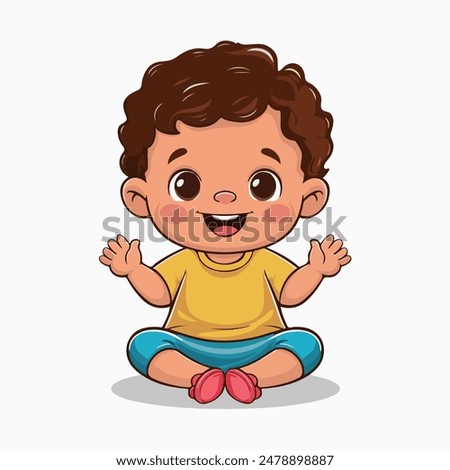 Vector Cartoon Toddler Sitting and Smiling in Yellow Shirt and Blue Pants
