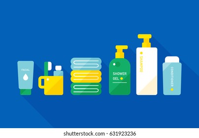 vector cartoon toiletry collection, toothbrush and tooth mug / sign and icon template / blue background