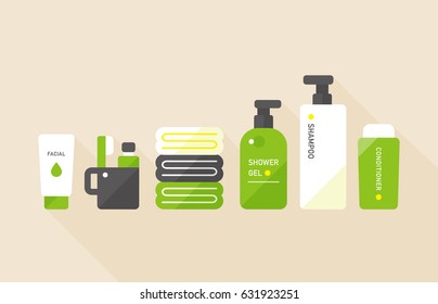 vector cartoon toiletry collection, toothbrush and tooth mug / sign and icon template / tea tree, natural color