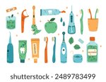 Vector cartoon tooth brushing kit isolated on a white background. Oral hygiene