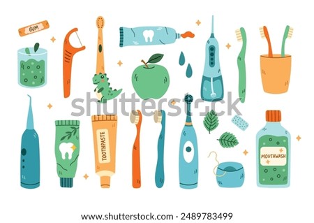Vector cartoon tooth brushing kit isolated on a white background. Oral hygiene