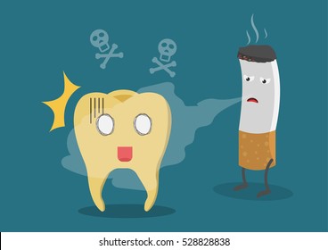 vector cartoon Tooth and cigarette. Decayed healthy tooth problem with smoke. No smoking concept. Nicotine make your tooth dirty, Vector flat cartoon character isolated illustration.