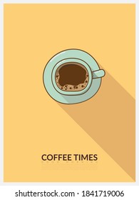 vector cartoon top view for a cup of coffee, blue cup on yellow background with light and shadow. minimal design poster style with copy space and text good morning coffee times