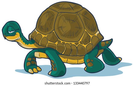 Vector cartoon tortoise walking forward with a slow, steady gait.  great for illustrating concepts about steadfastness, racing with hares, or just plain old slowness.