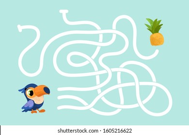 Vector cartoon toucan and pineapple. Vector illustrations for children books. Labyrinth. Educational game for children. 