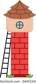 Vector cartoon tower. Fairytale or ancient world red brick building icon with tile roof and ladder. Medieval turret illustration isolated on white background
