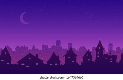 Ciudad de dibujos animados nocturnos. Siluetas moradas rosas de casas y rascacielos sobre el fondo de estrellas y luna.