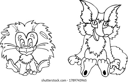 Vector cartoon toy animals. Crazy and funny little fox and lion. Pets