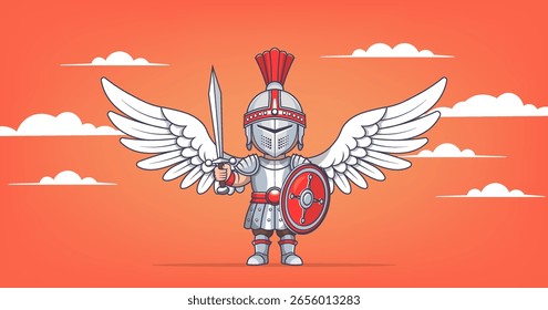 Vector de dibujos animados de juguete Romano cómico de pie soldado de infantería Ángel con alas blancas, espada y escudo. Armadura Toon, casco y coraza. Cielo rojo y nubes