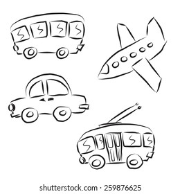 Vector cartoon toy transport kit. Black and white coloring. Isolated.