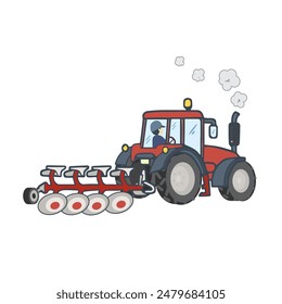 Tractor de dibujos animados de Vector, estilo lindo, fondo blanco aislado, que representa la tecnología moderna de ayuda agrícola que lo hace más conveniente para los agricultores, la agricultura, la jardinería, la siembra de cultivos y el arado.