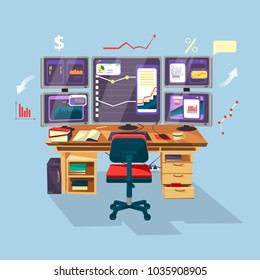 Vector cartoon trader, financial, data analyst office workplace background template. Graphs diagram chart at desktop monitor screens. Business man, stock currency exchange rate market research concept