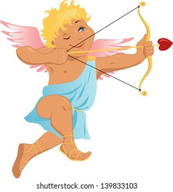 Vector cartoon of a traditional Cupid, with bow and hear-shaped arrow, smiling and aiming