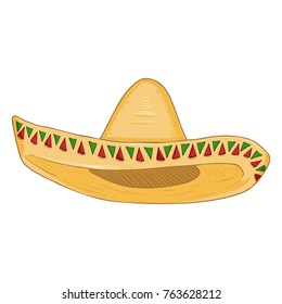 Vector Cartoon Traditional Mexican Hat. Classic Yellow Straw Sombrero.