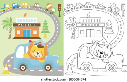 Vector cartoon of traffic elements, cute lion on car, police station. Coloring book or page